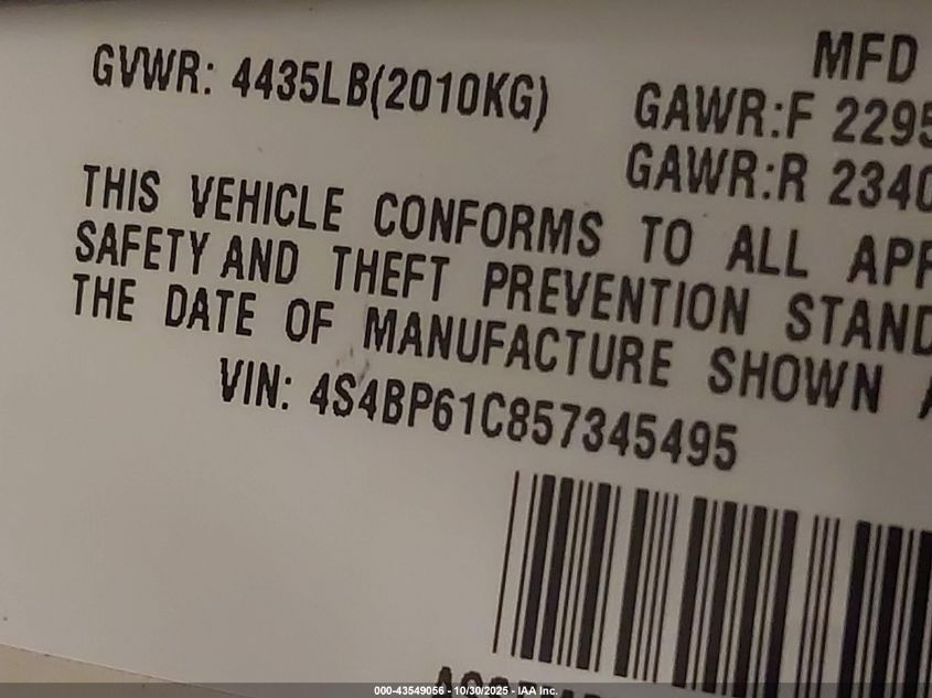 2005 Subaru Outback 2.5I VIN: 4S4BP61C857345495 Lot: 43549056