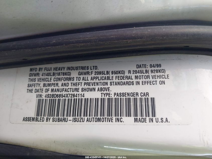 1999 Subaru Legacy 30Th Ann. Sus/30Th Ann. Sus Ltd. VIN: 4S3BD6854X7264114 Lot: 43549141