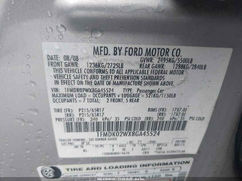 2008 Ford Taurus X Sel VIN: 1FMDK02WX8GA45524 Lot: 43549159