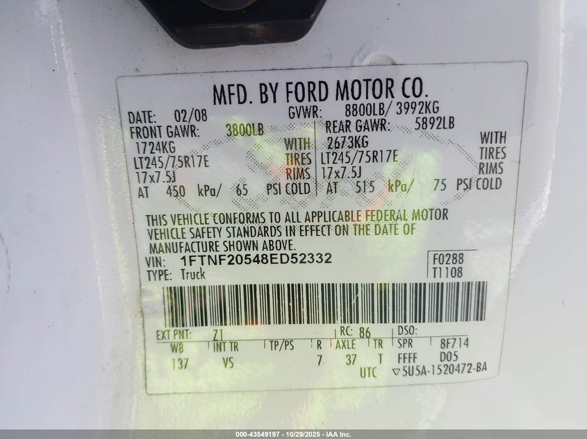 2008 Ford F-250 Xl/Xlt VIN: 1FTNF20548ED52332 Lot: 43549197