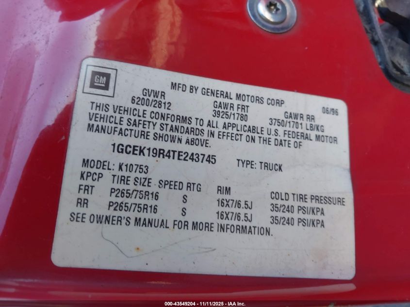 1996 Chevrolet Gmt-400 K1500 VIN: 1GCEK19R4TE243745 Lot: 43549204