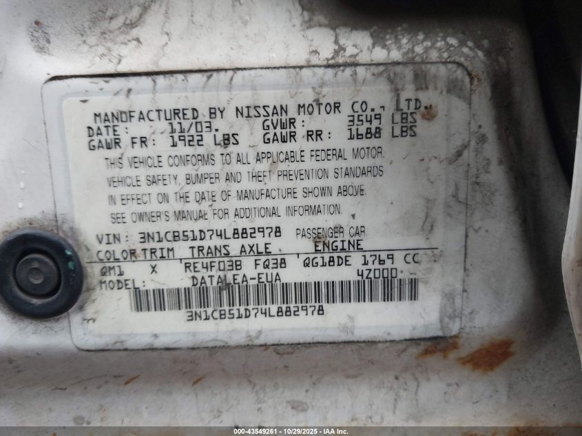 2004 Nissan Sentra 1.8S VIN: 3N1CB51D74L882978 Lot: 43549261