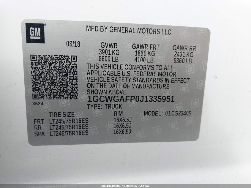 2018 Chevrolet Express 2500 Work Van VIN: 1GCWGAFP0J1335951 Lot: 43549306