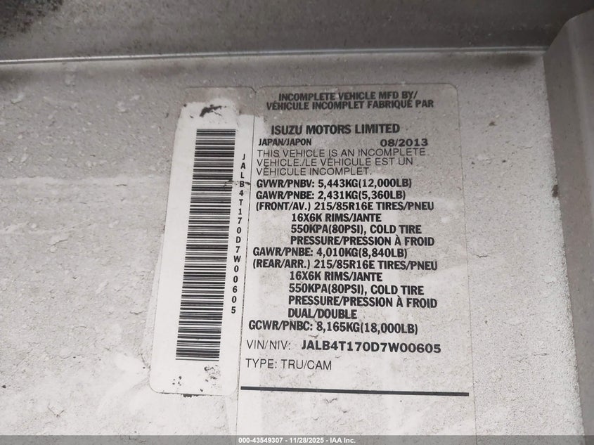 2013 Isuzu Commercial Van VIN: JALB4T170D7W00605 Lot: 43549307