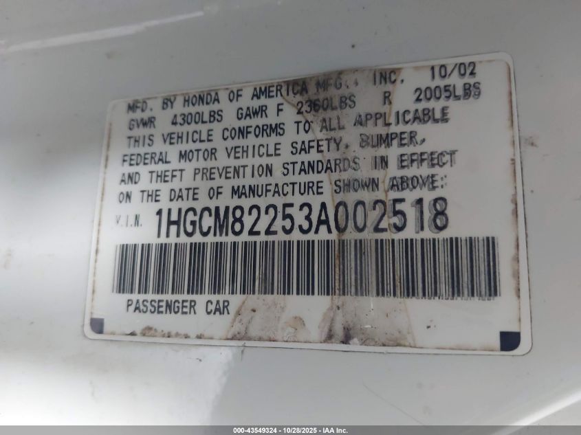 2003 Honda Accord 3.0 Lx VIN: 1HGCM82253A002518 Lot: 43549324