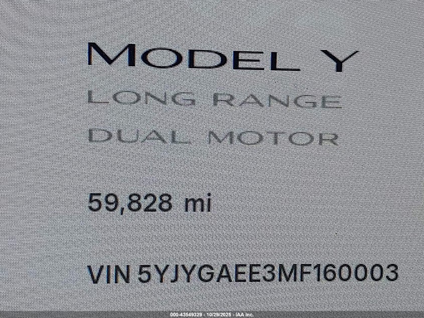 2021 Tesla Model Y Long Range Dual Motor All-Wheel Drive VIN: 5YJYGAEE3MF160003 Lot: 43549329