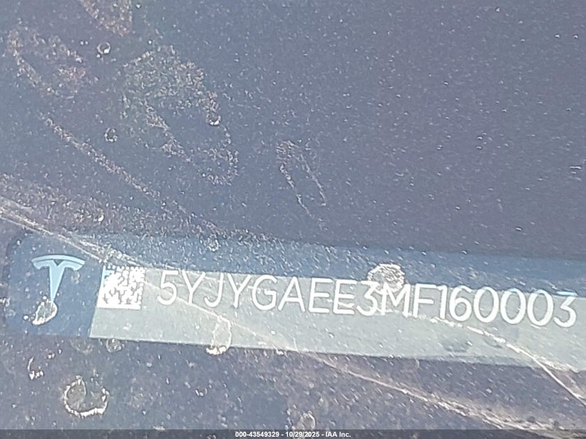 2021 Tesla Model Y Long Range Dual Motor All-Wheel Drive VIN: 5YJYGAEE3MF160003 Lot: 43549329