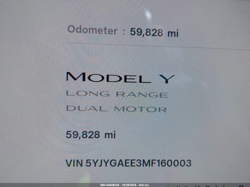 2021 Tesla Model Y Long Range Dual Motor All-Wheel Drive VIN: 5YJYGAEE3MF160003 Lot: 43549329