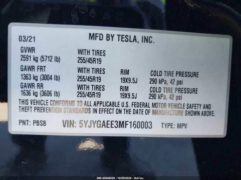 2021 Tesla Model Y Long Range Dual Motor All-Wheel Drive VIN: 5YJYGAEE3MF160003 Lot: 43549329