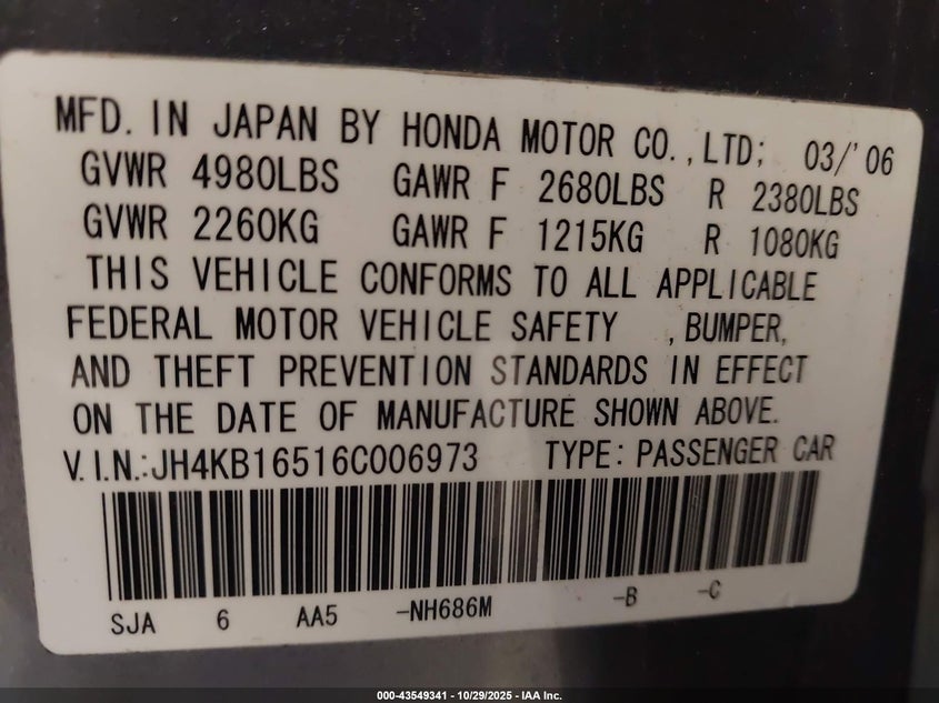 2006 Acura Rl 3.5 VIN: JH4KB16516C006973 Lot: 43549341