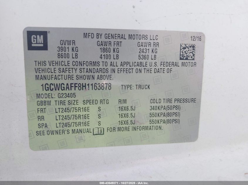 2017 Chevrolet Express 2500 Work Van VIN: 1GCWGAFF8H1163878 Lot: 43549371