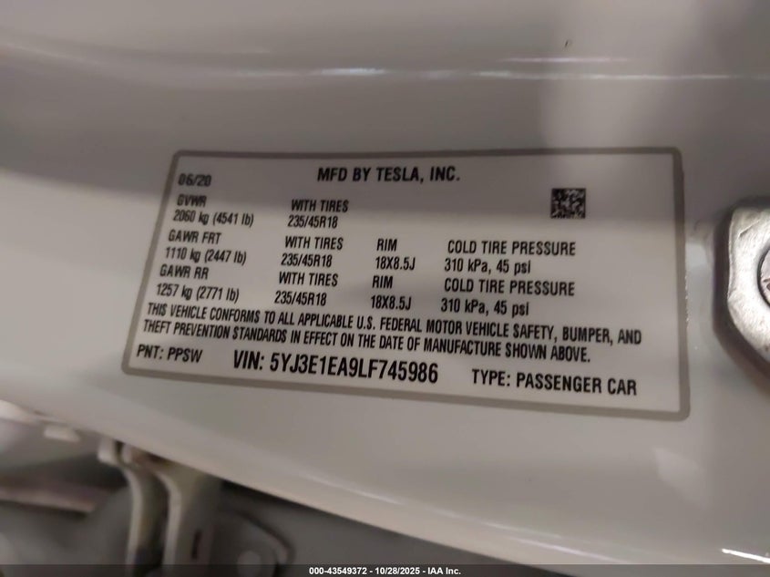 2020 Tesla Model 3 Standard Range Plus Rear-Wheel Drive/Standard Range Rear-Wheel Drive VIN: 5YJ3E1EA9LF745986 Lot: 43549372