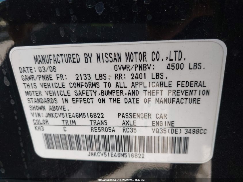 2006 Infiniti G35 VIN: JNKCV51E46M516822 Lot: 43549374