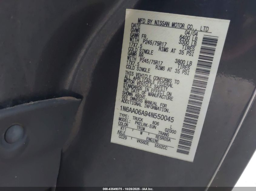 2004 Nissan Titan Xe VIN: 1N6AA06A94N550045 Lot: 43549375