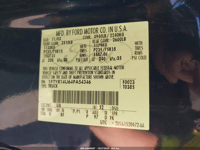 2004 Ford Ranger Edge/Tremor/Xl/Xlt VIN: 1FTYR14U64PA54346 Lot: 43549387