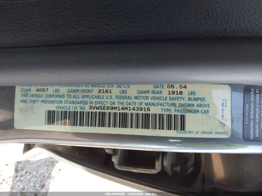 2004 Volkswagen Jetta Gli 1.8T/Gls 1.8T VIN: 3VWSE69M14M143915 Lot: 43549398