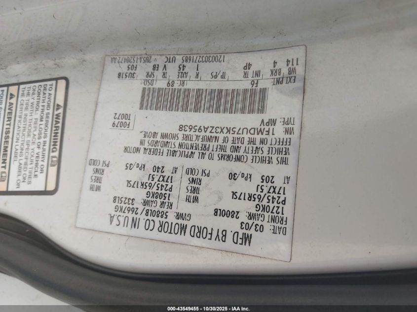 2003 Ford Explorer Limited VIN: 1FMDU75KX3ZA95638 Lot: 43549455