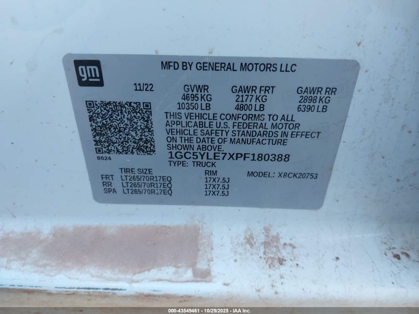2023 Chevrolet Silverado 2500Hd 4Wd Standard Bed Wt VIN: 1GC5YLE7XPF180388 Lot: 43549461