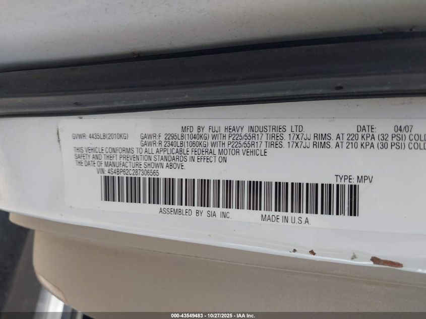 2008 Subaru Outback 2.5I Limited/2.5I Limited L.l. Bean Edition VIN: 4S4BP62C287306565 Lot: 43549483