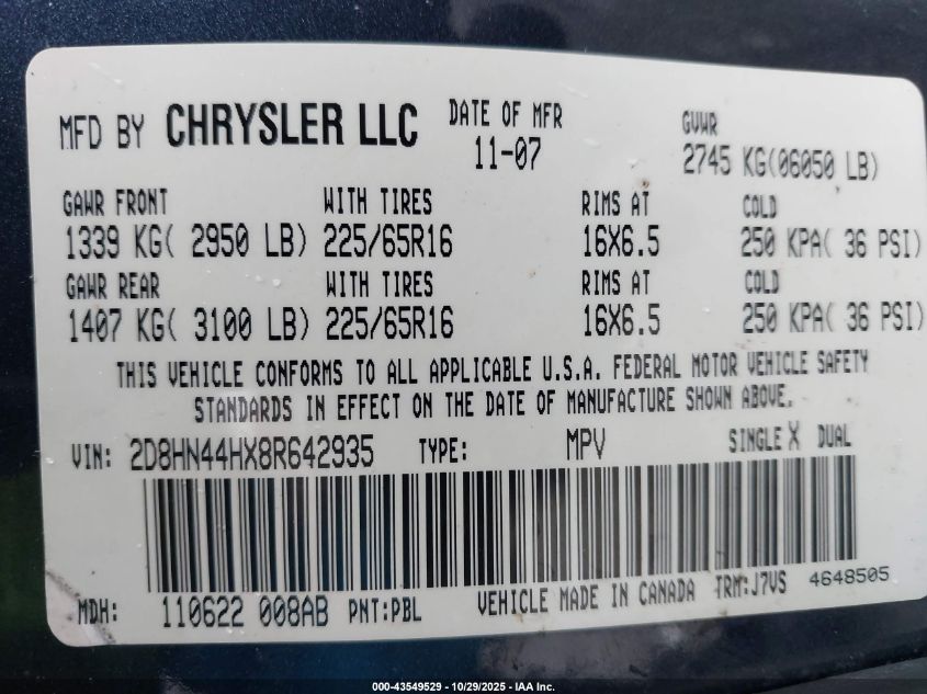 2008 Dodge Grand Caravan Se VIN: 2D8HN44HX8R642935 Lot: 43549529