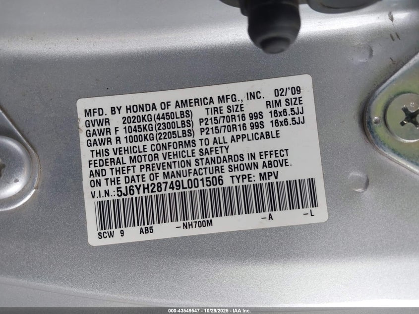 5J6YH28749L001506 2009 HONDA ELEMENT photo no. 9