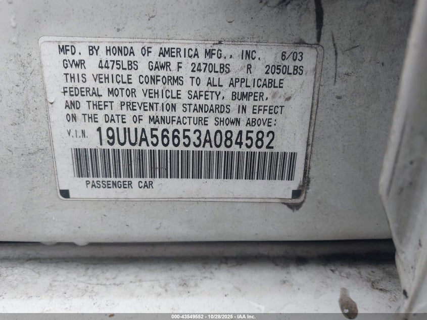 2003 Acura Tl 3.2 VIN: 19UUA56653A084582 Lot: 43549552