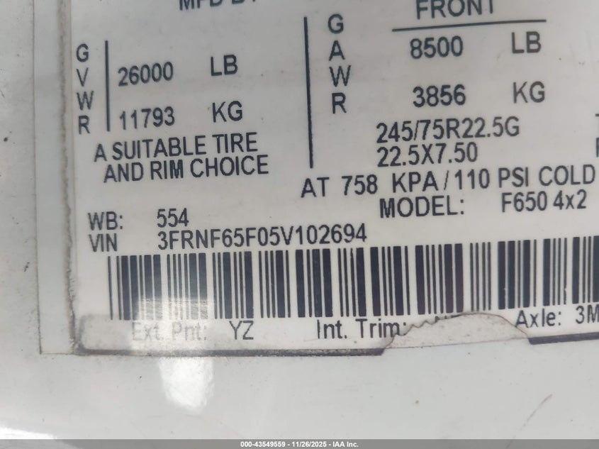 2005 Ford F650 Super Duty VIN: 3FRNF65F05V102694 Lot: 43549559
