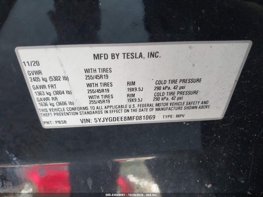 2021 Tesla Model Y Long Range Dual Motor All-Wheel Drive VIN: 5YJYGDEE8MF081069 Lot: 43549561