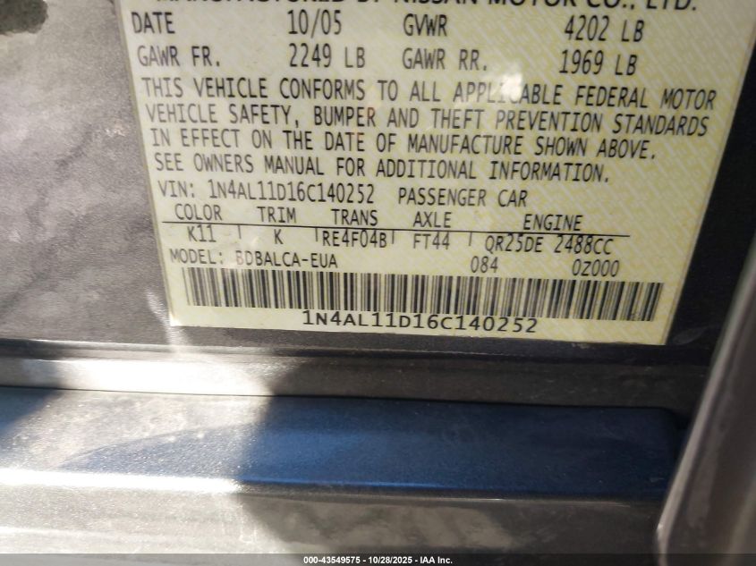 2006 Nissan Altima 2.5 S VIN: 1N4AL11D16C140252 Lot: 43549575