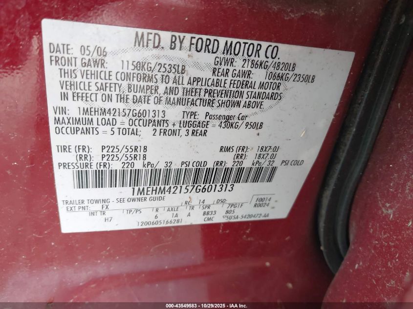 2007 Mercury Montego Premier VIN: 1MEHM42157G601313 Lot: 43549583