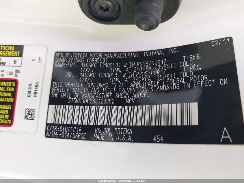 2011 Toyota Sienna Le V6 VIN: 5TDKK3DC2BS128362 Lot: 43549586