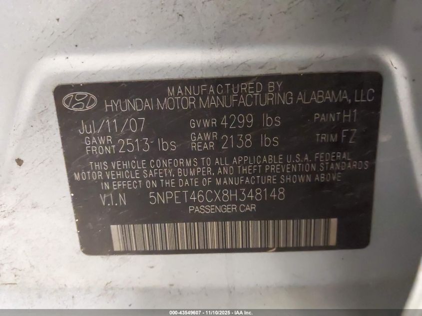 2008 Hyundai Sonata Gls VIN: 5NPET46CX8H348148 Lot: 43549607