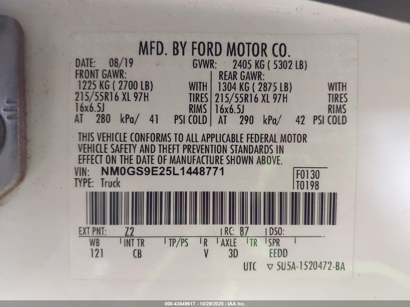 2020 Ford Transit Connect Xl Passenger VIN: NM0GS9E25L1448771 Lot: 43549617