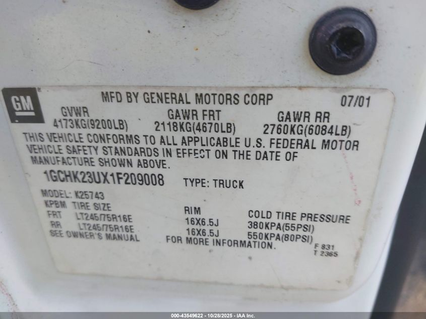2001 Chevrolet Silverado 2500Hd Ls VIN: 1GCHK23UX1F209008 Lot: 43549622