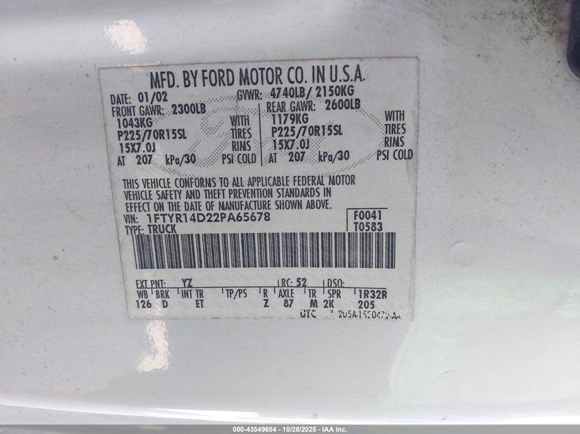 2002 Ford Ranger Xl/Xlt VIN: 1FTYR14D22PA65678 Lot: 43549684