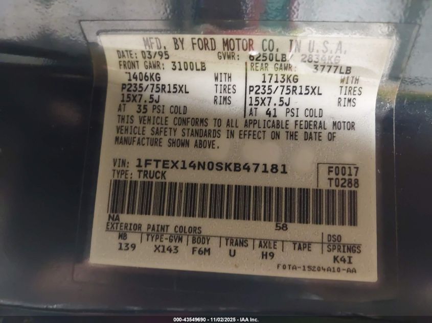 1995 Ford F150 VIN: 1FTEX14N0SKB47181 Lot: 43549690