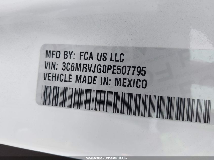 2023 Ram Promaster 3500 Cargo Van High Roof 159 Wb Ext VIN: 3C6MRVJG0PE507795 Lot: 43549739