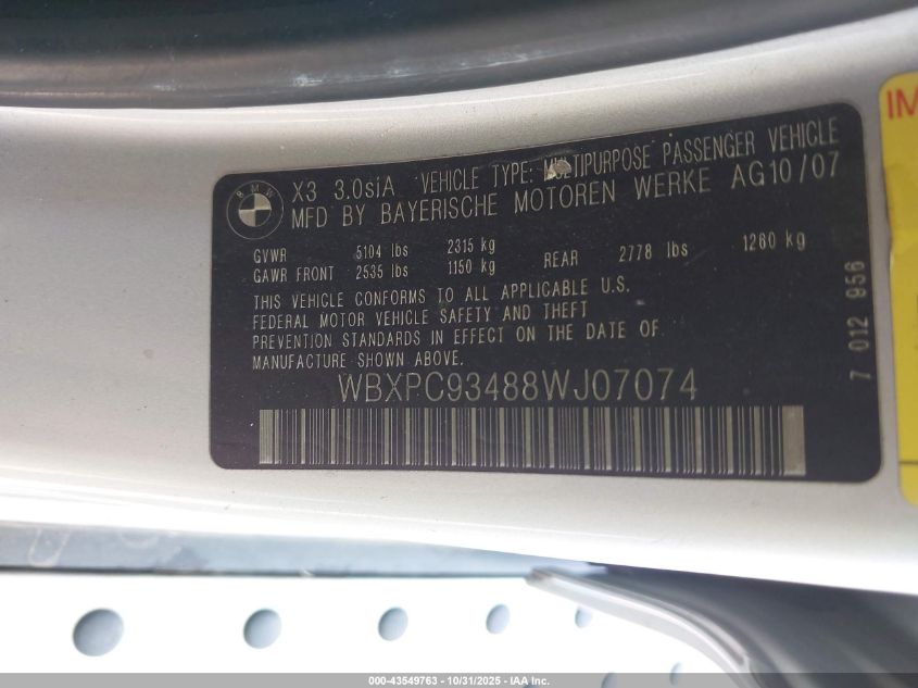 2008 BMW X3 3.0Si VIN: WBXPC93488WJ07074 Lot: 43549763