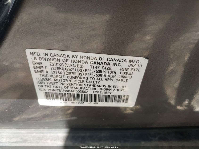 2010 Acura Zdx VIN: 2HNYB1H48AH503602 Lot: 43549790