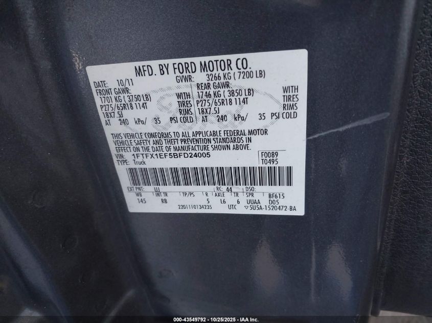 2011 Ford F-150 Fx4 VIN: 1FTFX1EF5BFD24005 Lot: 43549792