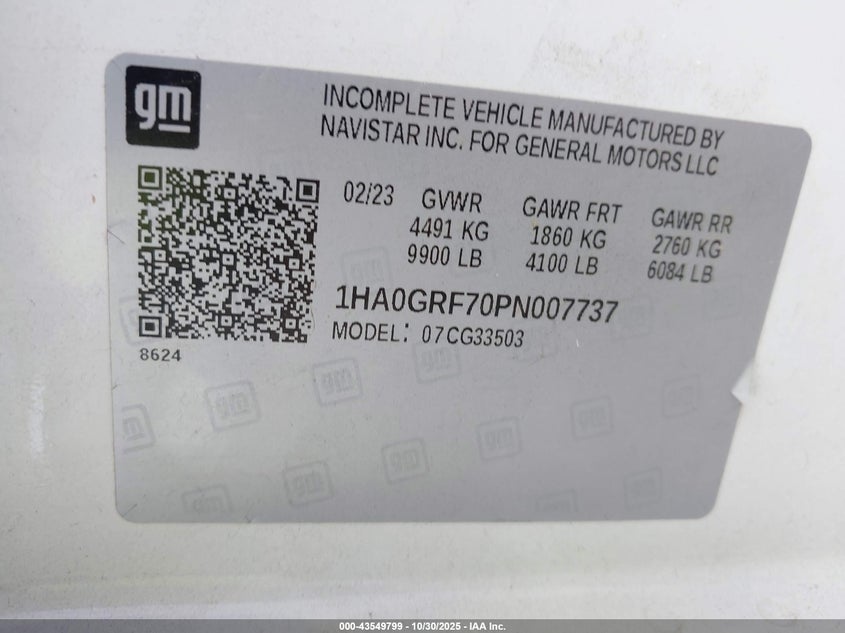 2023 Chevrolet Express Cutaway Work Van VIN: 1HA0GRF70PN007737 Lot: 43549799