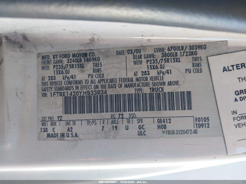 2000 Ford E-150 Commercial/Recreational VIN: 1FTRE1420YHB33834 Lot: 43549807