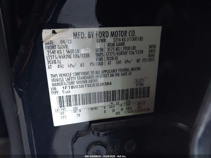 2013 Ford F-350 Lariat VIN: 1FT8W3BT9DEB28384 Lot: 43549819