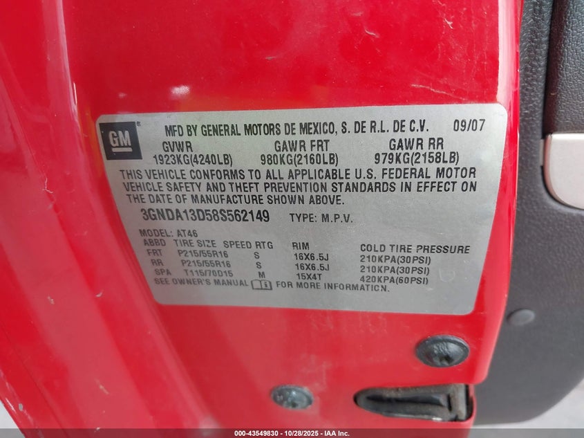 2008 Chevrolet Hhr Ls VIN: 3GNDA13D58S562149 Lot: 43549830