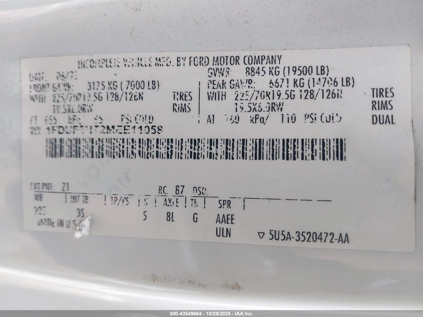 2021 Ford F-550 Chassis Xlt VIN: 1FDUF5HT2MEE11058 Lot: 43549864