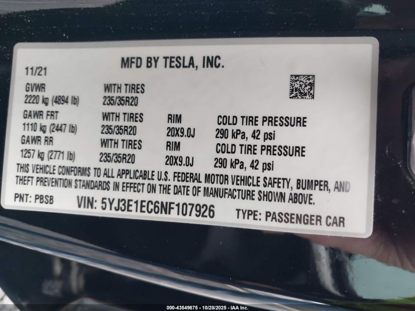 2022 Tesla Model 3 Performance Dual Motor All-Wheel Drive VIN: 5YJ3E1EC6NF107926 Lot: 43549875