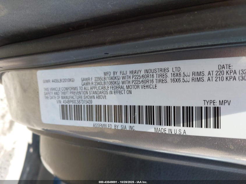 4S4BP60C587315439 2008 SUBARU OUTBACK photo no. 9