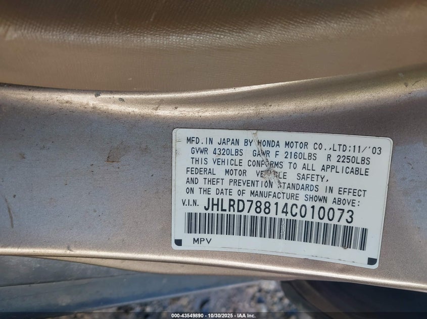 2004 Honda Cr-V Ex VIN: JHLRD78814C010073 Lot: 43549890