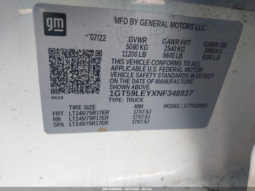 2022 GMC Sierra 2500Hd 4Wd Long Bed Pro VIN: 1GT59LEYXNF348937 Lot: 43549906