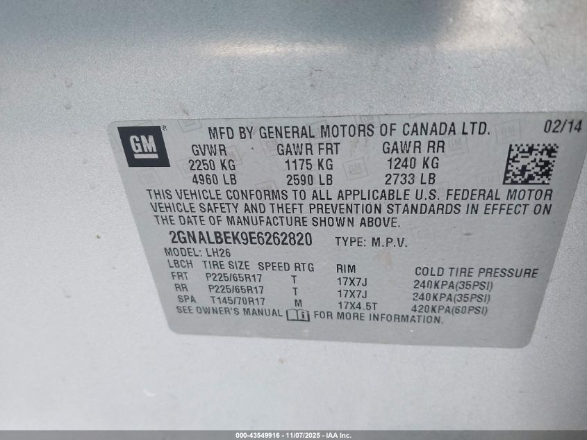 2014 Chevrolet Equinox 1Lt VIN: 2GNALBEK9E6262820 Lot: 43549916